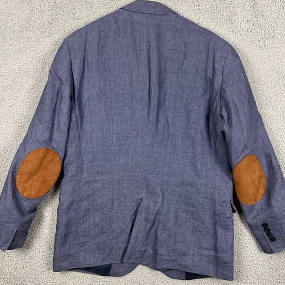 H&M Linen Blazer Sport Coat Mens 44R Blue Elbow Patches 2 Button Slim Fit Formal - Picture 2 of 12